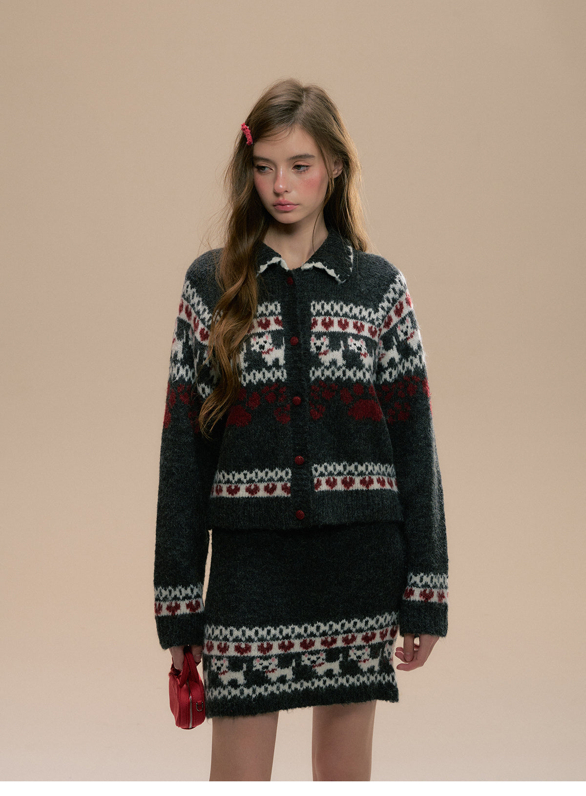 Fair Isle Dog Motif Cardigan And Matching Skirt