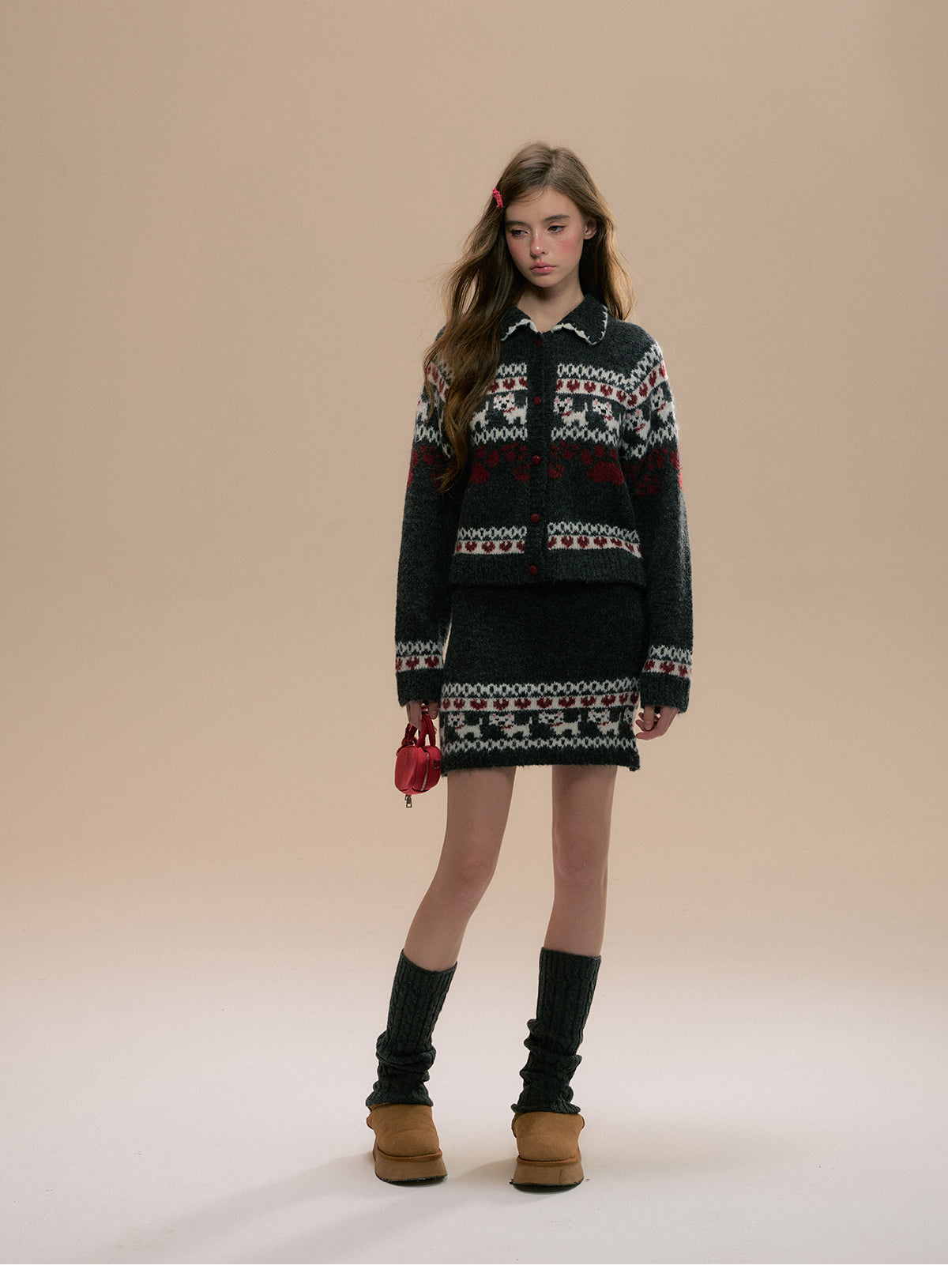 Fair Isle Dog Motif Cardigan And Matching Skirt