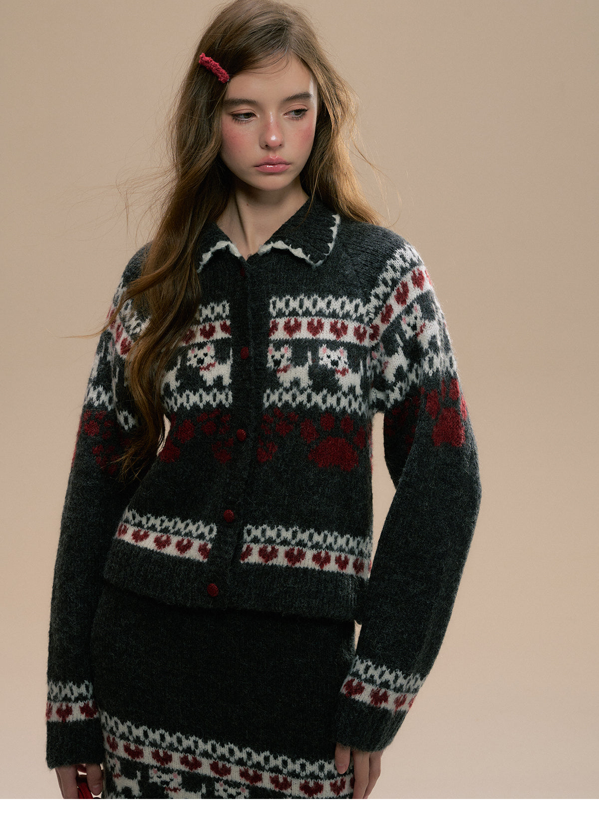 Fair Isle Dog Motif Cardigan And Matching Skirt