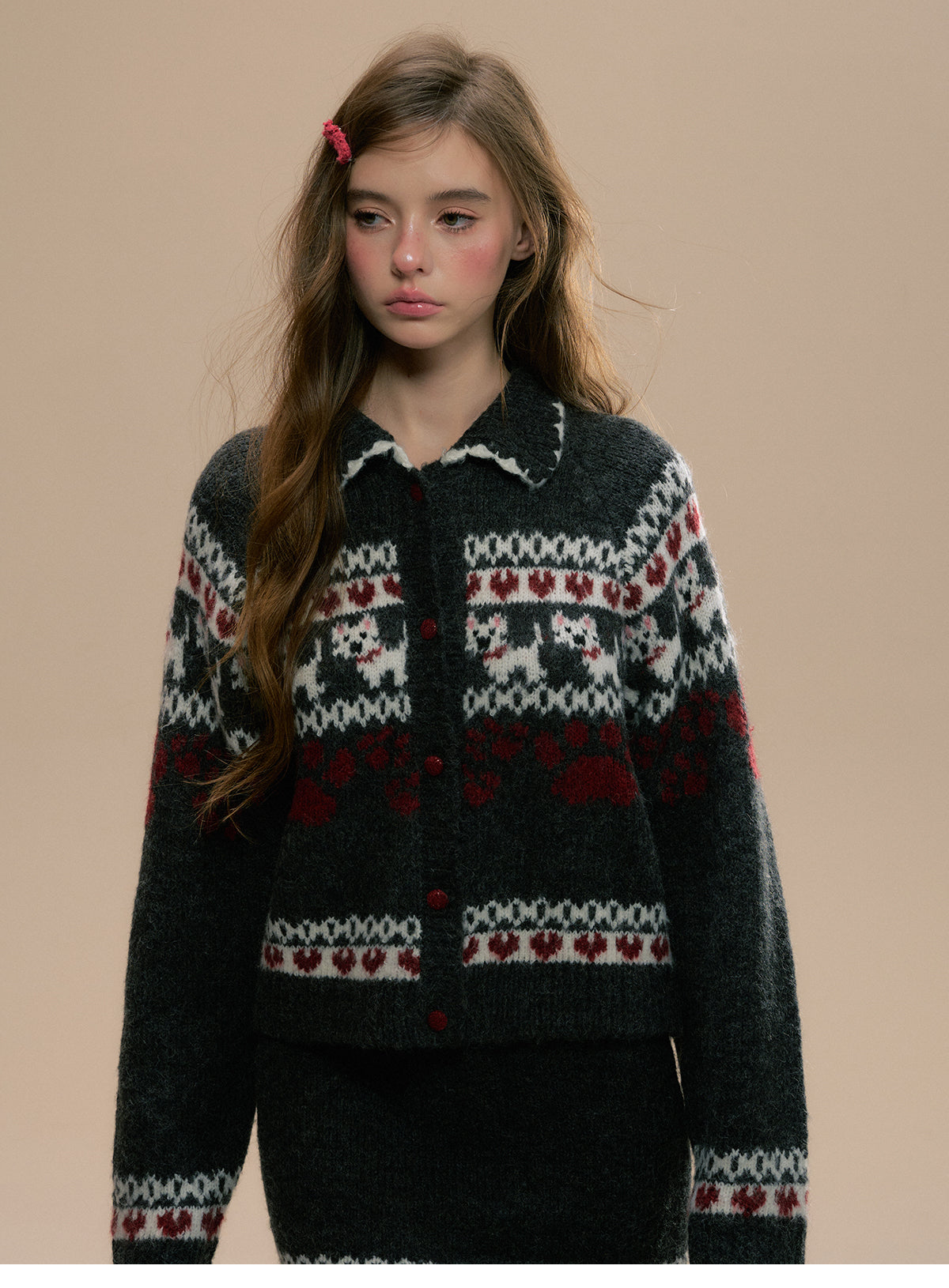 Fair Isle Dog Motif Cardigan And Matching Skirt