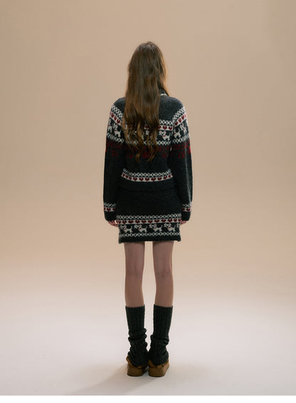 Fair Isle Dog Motif Cardigan And Matching Skirt