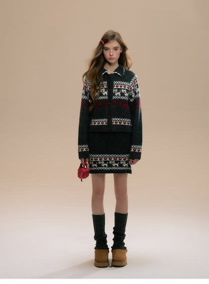 Fair Isle Dog Motif Cardigan And Matching Skirt