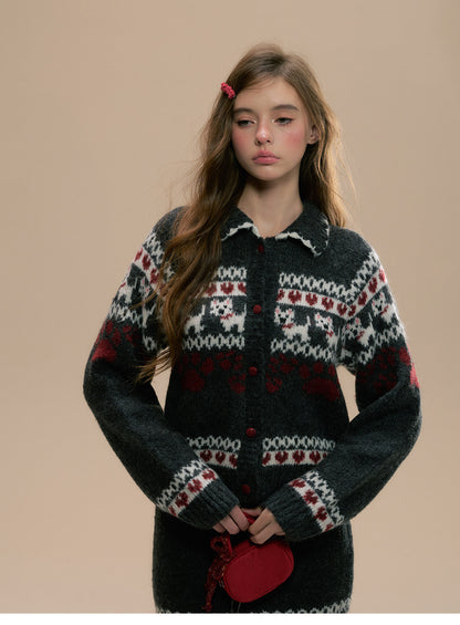 Fair Isle Dog Motif Cardigan And Matching Skirt