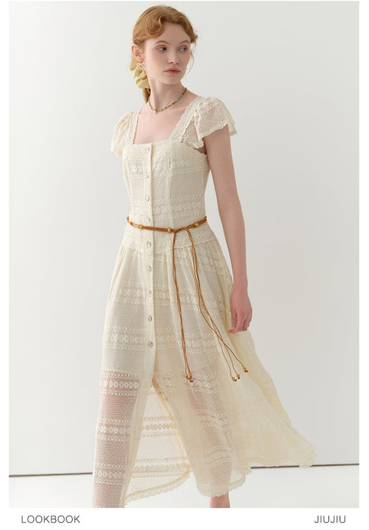Flutter-Sleeve Sheer Lace Dress