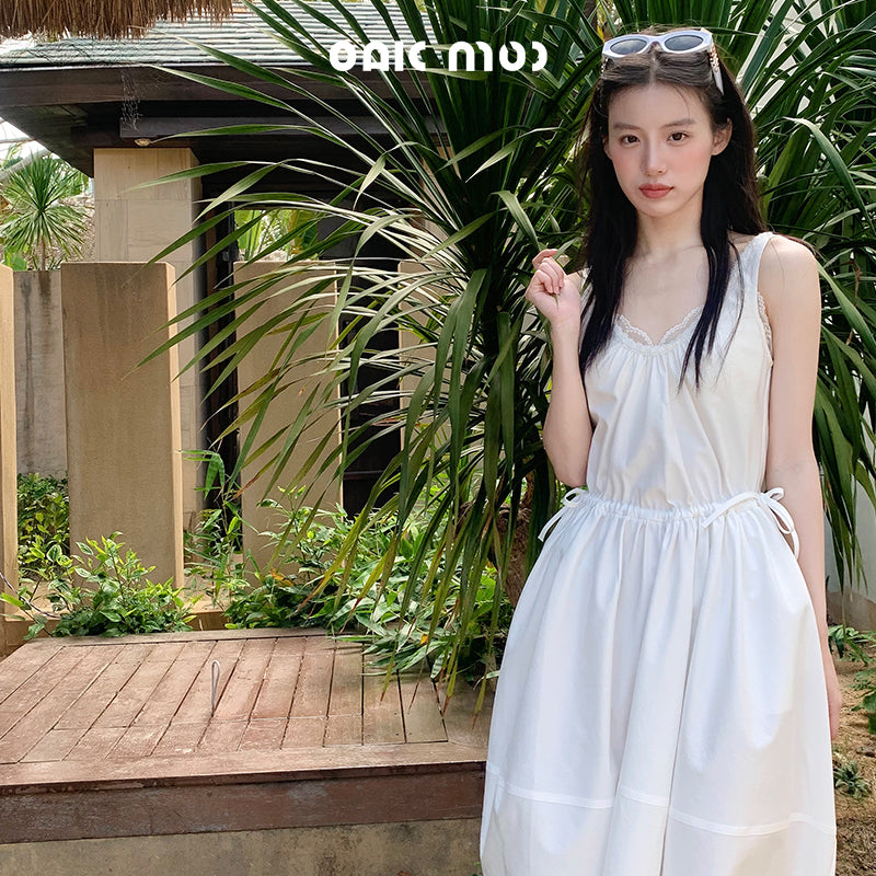 Balloon Silhouette Sleeveless Dress With Tie Waist