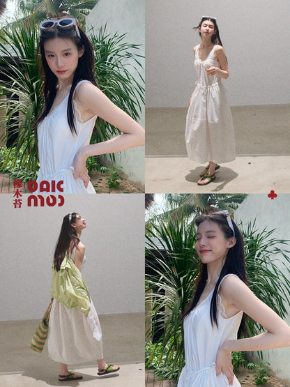Balloon Silhouette Sleeveless Dress With Tie Waist