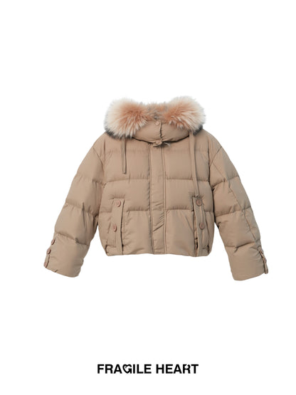 White Duck Down Puffer Jacket With Detachable Fur Trim