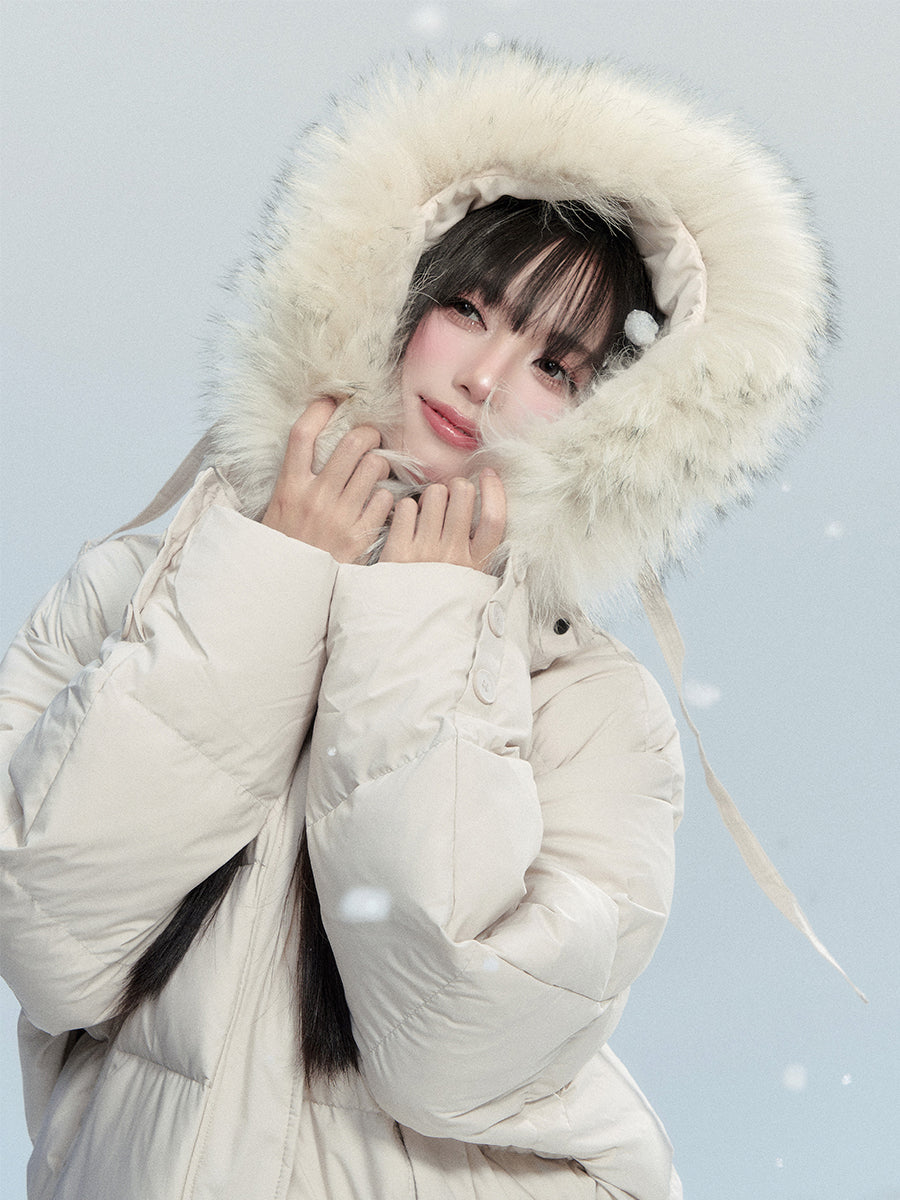 White Duck Down Puffer Jacket With Detachable Fur Trim