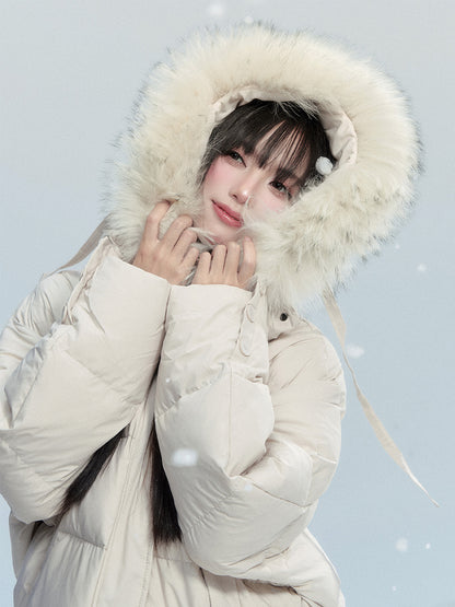 White Duck Down Puffer Jacket With Detachable Fur Trim
