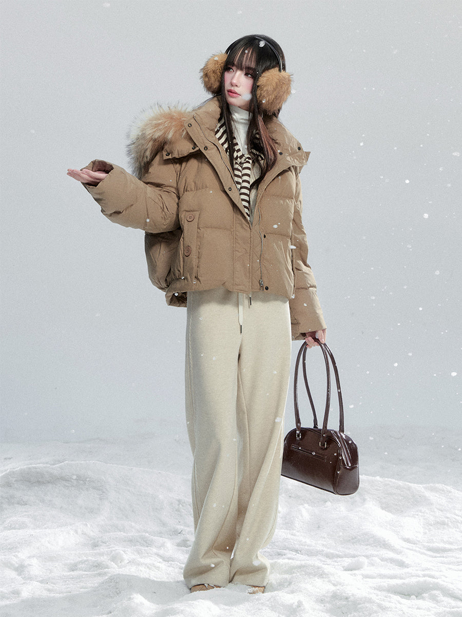 White Duck Down Puffer Jacket With Detachable Fur Trim