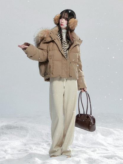 White Duck Down Puffer Jacket With Detachable Fur Trim