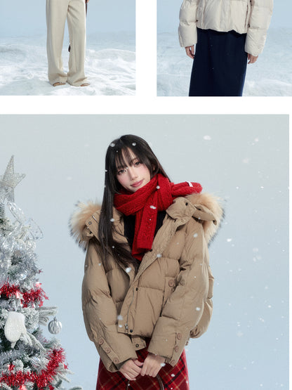 White Duck Down Puffer Jacket With Detachable Fur Trim
