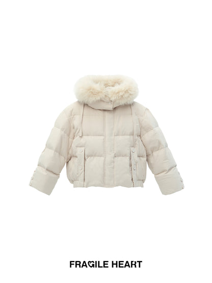 White Duck Down Puffer Jacket With Detachable Fur Trim