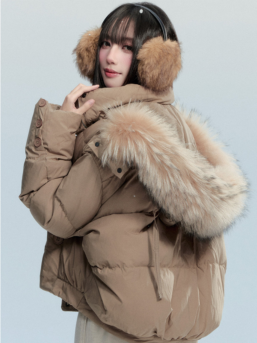White Duck Down Puffer Jacket With Detachable Fur Trim