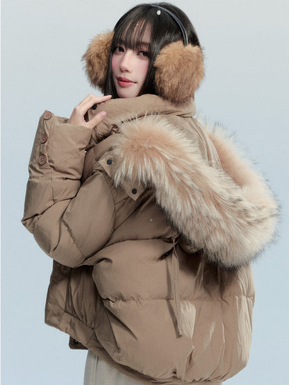 White Duck Down Puffer Jacket With Detachable Fur Trim