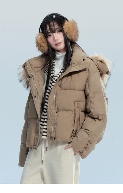 White Duck Down Puffer Jacket With Detachable Fur Trim