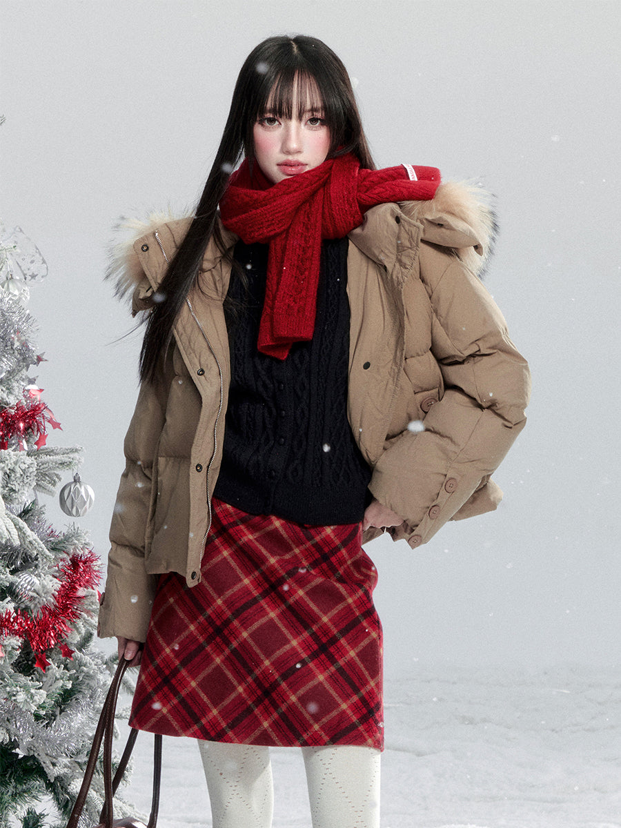 White Duck Down Puffer Jacket With Detachable Fur Trim