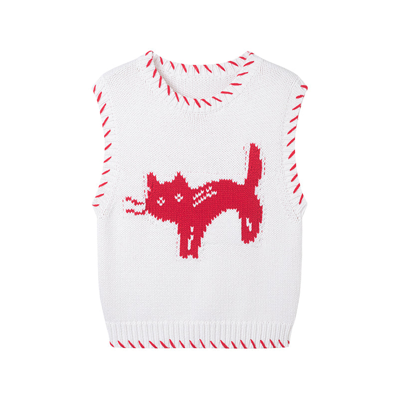Cat Motif Cotton Blend Contrast Color Vest