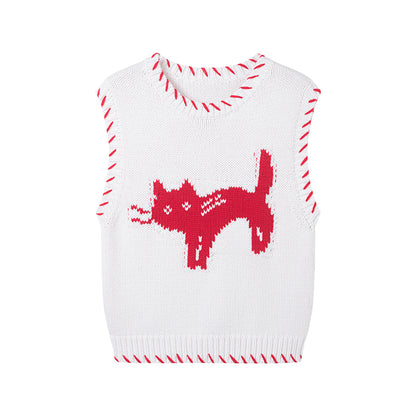 Cat Motif Cotton Blend Contrast Color Vest