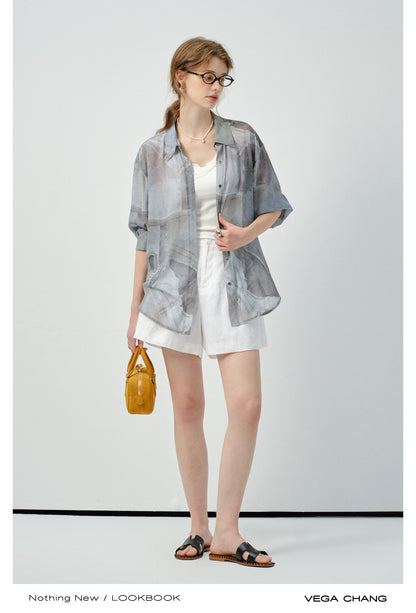 Denim-Print Button-Up Shirt