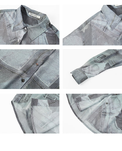Denim-Print Button-Up Shirt