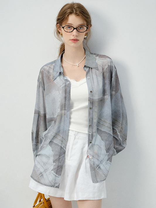 Denim-Print Button-Up Shirt