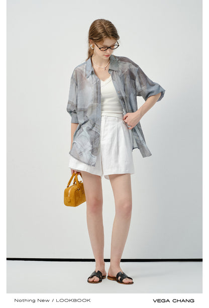 Denim-Print Button-Up Shirt