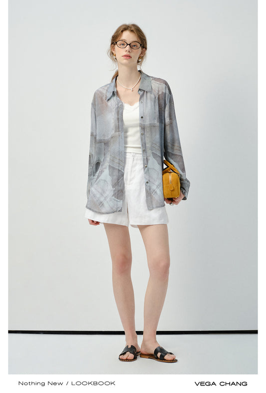Denim-Print Button-Up Shirt