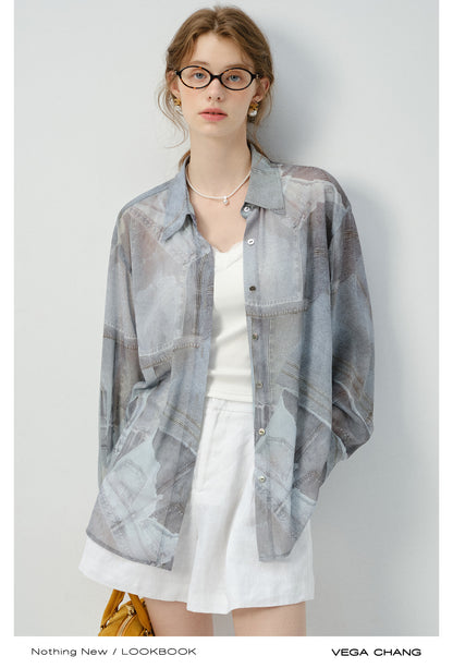 Denim-Print Button-Up Shirt