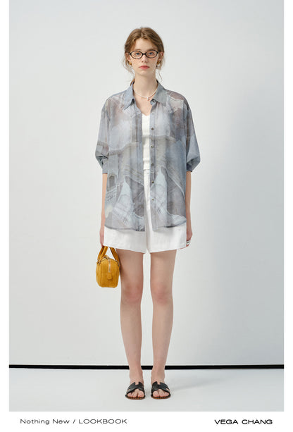 Denim-Print Button-Up Shirt