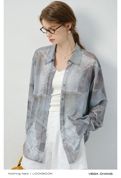 Denim-Print Button-Up Shirt