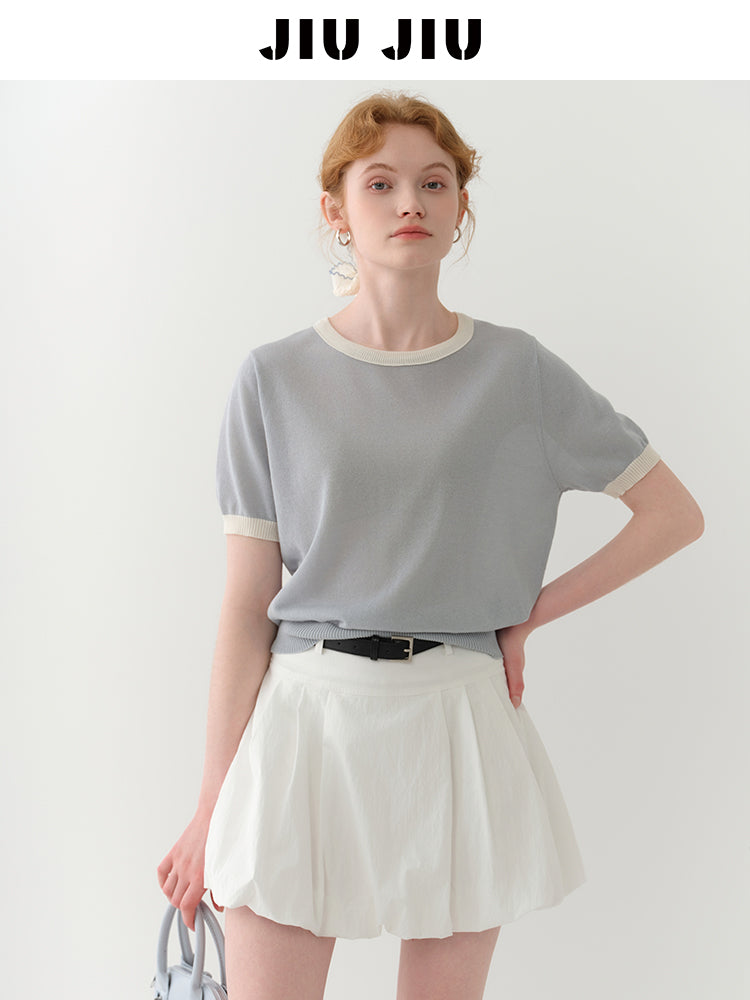 Clean Contrast-Tipped Knit Top
