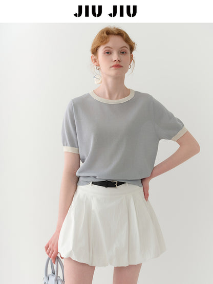 Clean Contrast-Tipped Knit Top