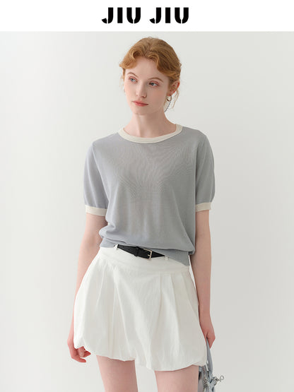 Clean Contrast-Tipped Knit Top