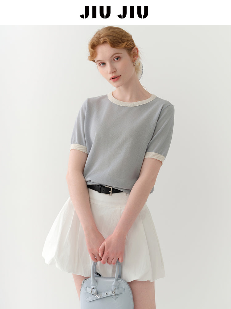 Clean Contrast-Tipped Knit Top
