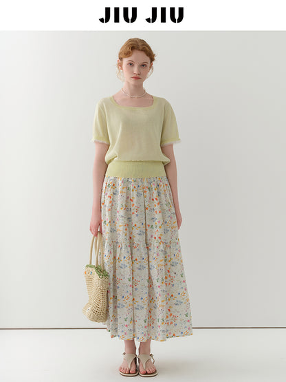Square Neck Lace-Trimmed Linen Blend Sheer Knit Top
