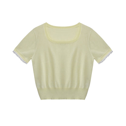 Square Neck Lace-Trimmed Linen Blend Sheer Knit Top