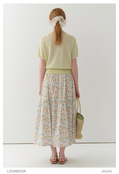 Square Neck Lace-Trimmed Linen Blend Sheer Knit Top