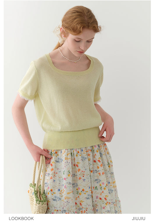 Square Neck Lace-Trimmed Linen Blend Sheer Knit Top
