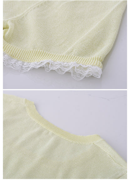 Square Neck Lace-Trimmed Linen Blend Sheer Knit Top