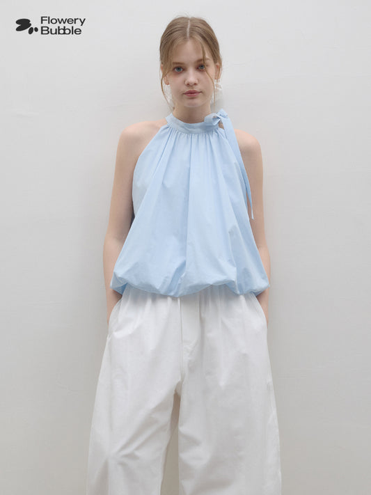Bubble Hem Gathered Tie Neck Sleeveless Top