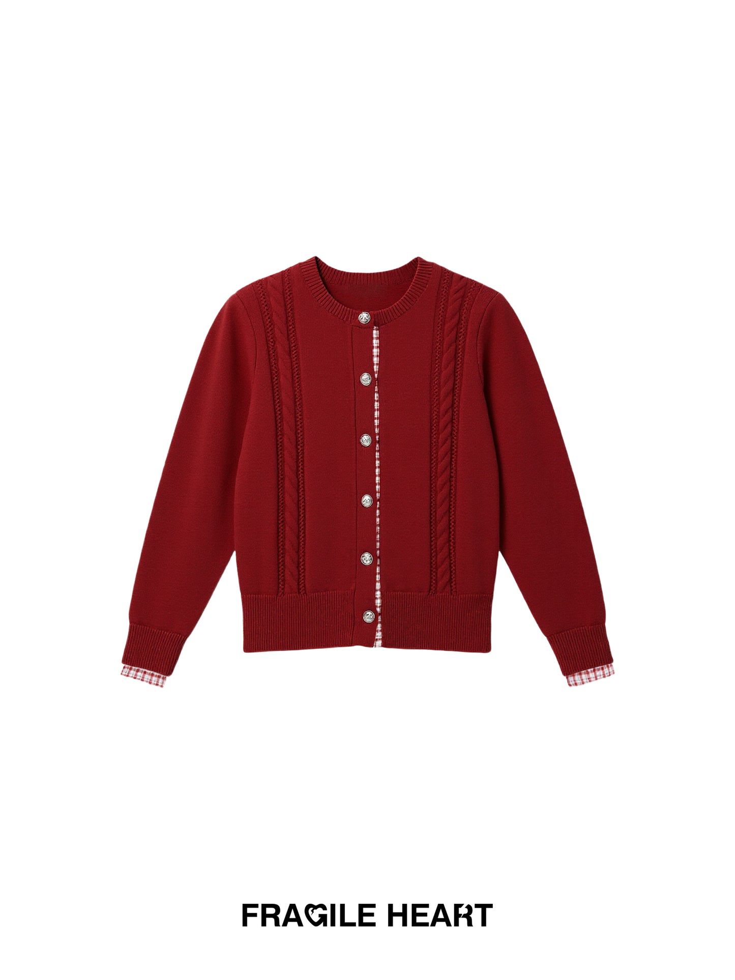 Plaid-Detail Cable Knit Cardigan