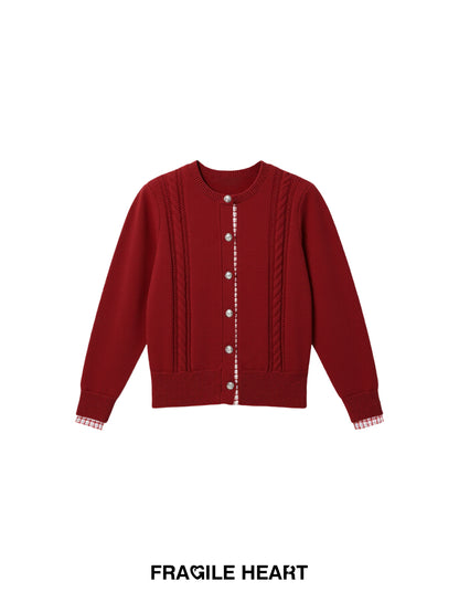 Plaid-Detail Cable Knit Cardigan