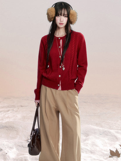 Plaid-Detail Cable Knit Cardigan