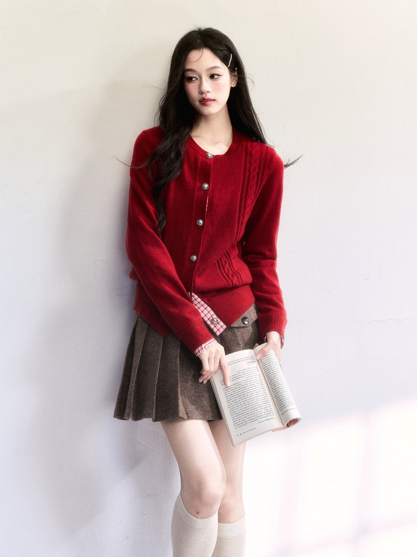 Plaid-Detail Cable Knit Cardigan