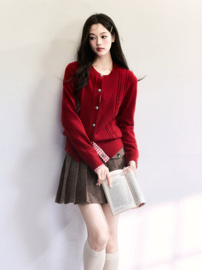 Plaid-Detail Cable Knit Cardigan