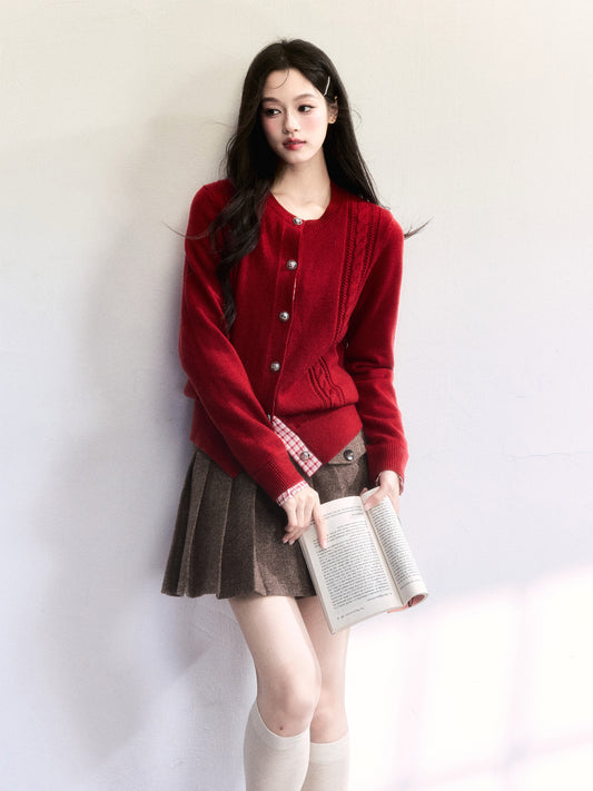 Plaid-Detail Cable Knit Cardigan