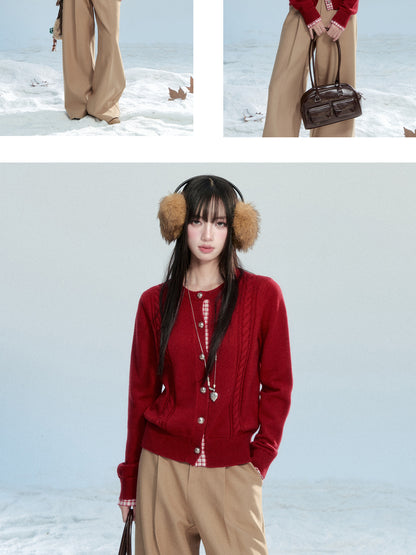 Plaid-Detail Cable Knit Cardigan