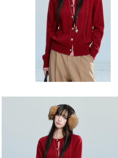 Plaid-Detail Cable Knit Cardigan