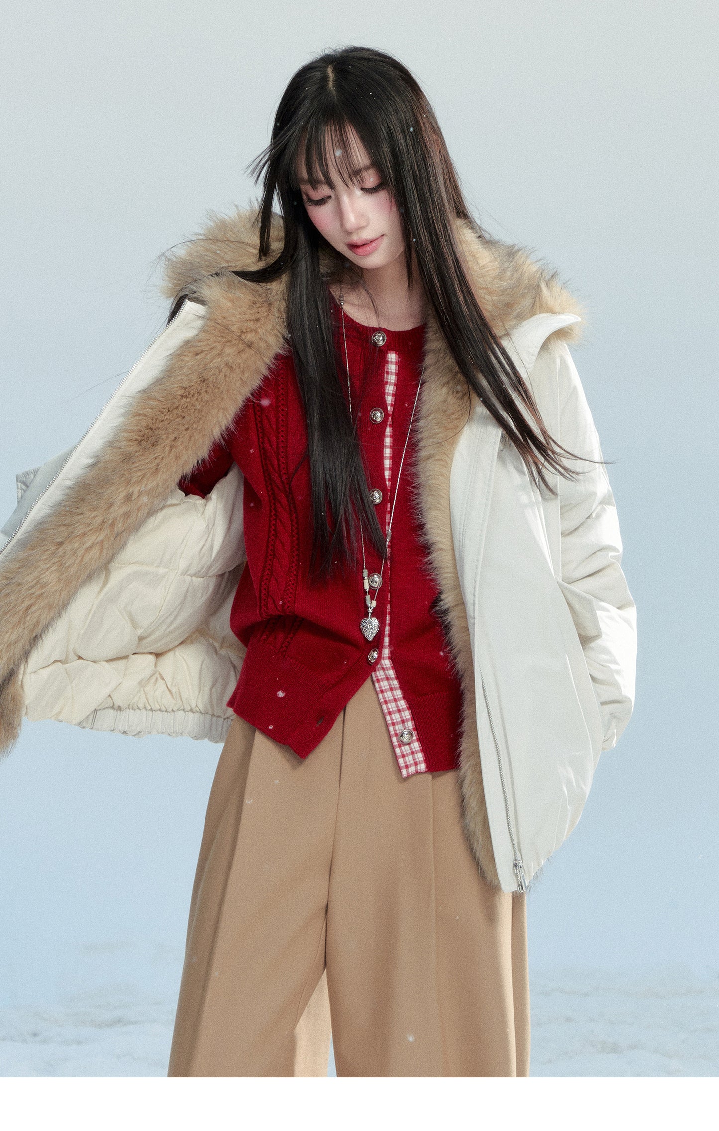 Plaid-Detail Cable Knit Cardigan